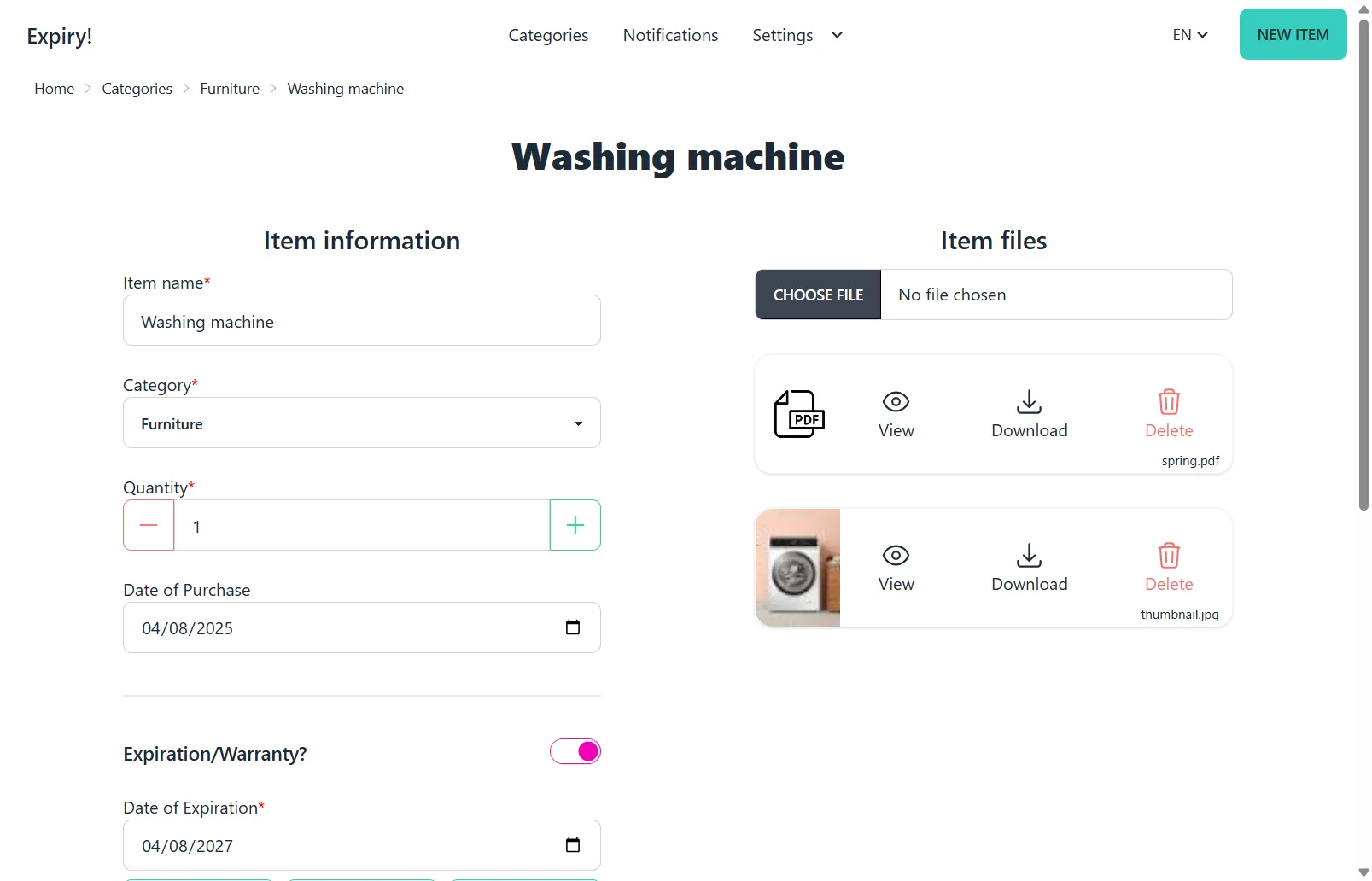 screenshot of Expiry application